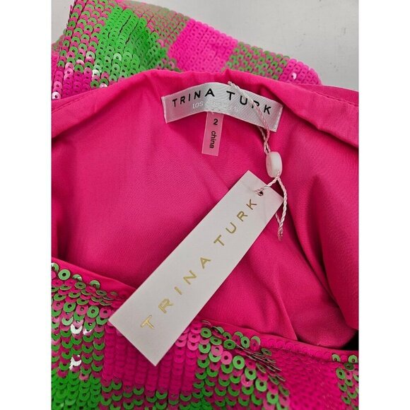 New Trina Turk Rico Mini Skirt Womens 2 Pink Green Checkered Sequins - Picture 4 of 6
